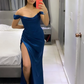 Simple Lilac Off The Shoulder Satin Evening Dress Slit Mermaid Prom Dress Y8309