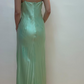 Sexy Spaghetti Straps Green Satin Beaded Prom Evening Dress Y7757