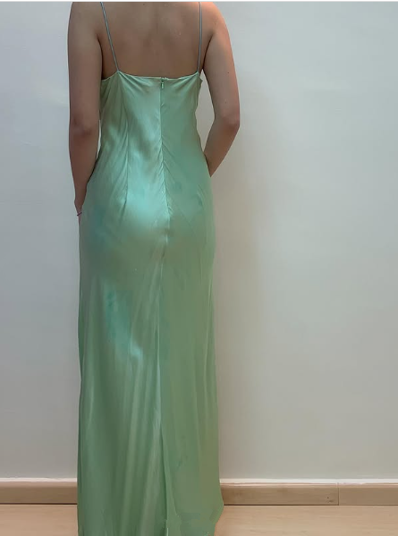 Sexy Spaghetti Straps Green Satin Beaded Prom Evening Dress Y7757