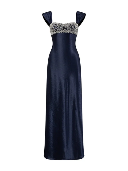 Classy Blue Satin Beaded Long Party Dress Formal Evening Dress SP2054