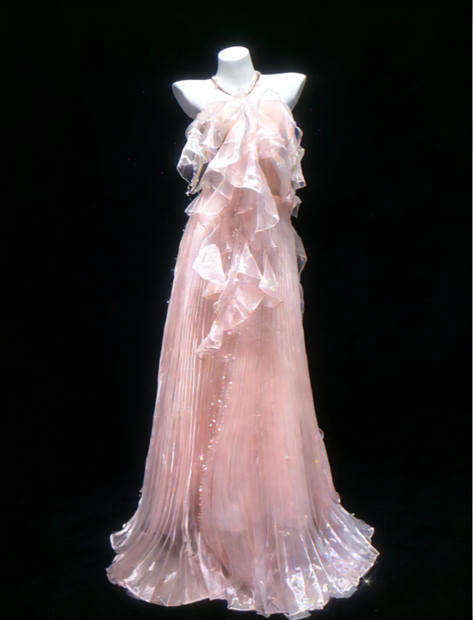 Classy Strapless Pink Tulle Pleated Ruffles Mermaid Long Prom Dress Party Dress Birthday Evening Dress SP1488