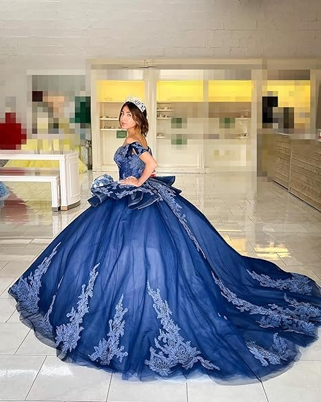 Navy Off The Shoulder Tulle Lace Quinceanera Dress,Navy Blue Ball Gown Sweet 15 Dress  Y2985