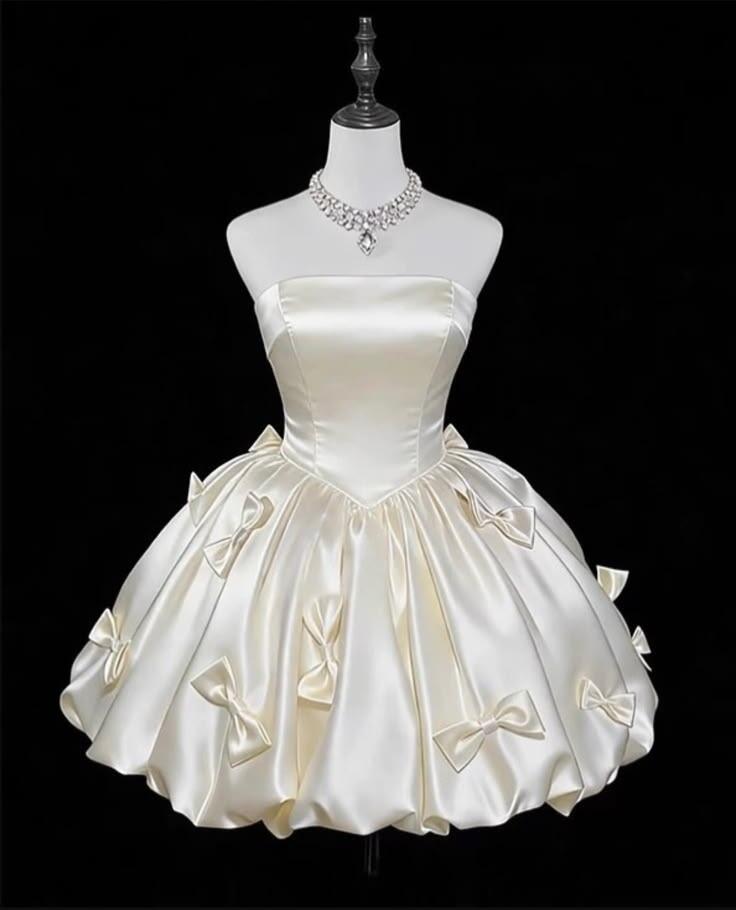 Cute Strapless Off White Satin Bow A Line Short 8th Grade Homecoming Dress Mini Birthday Dress SP2421