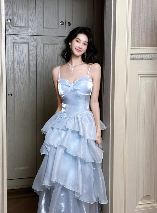 Shiny Spaghetti Straps Sky Blue Organza layered Long Party Dress Formal 21st Birthday Outfits SP1999