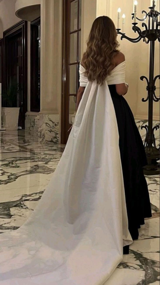 Luxury Black And White Satin Prom Dresses With Removable Tail Custom Made Cocktail Party Evening Dress Y5025