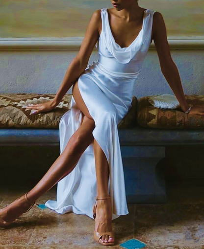 Stylish Sleeveless Satin High Slit Long Wedding Guest Dress White Backless Evening Dress SP1062