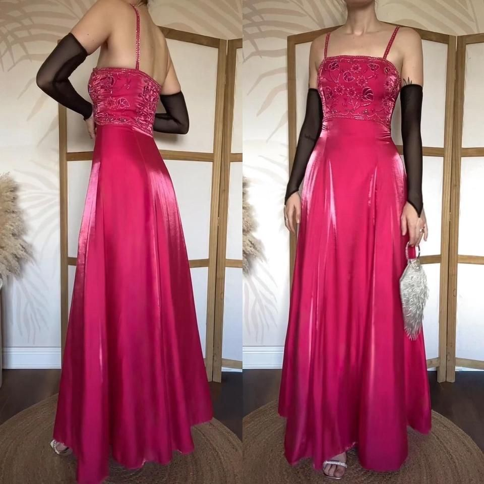 Vintage Spaghetti Straps Hot Pink Satin Beaded A Line Long Prom Dress Birthday Evening Dress SP1900