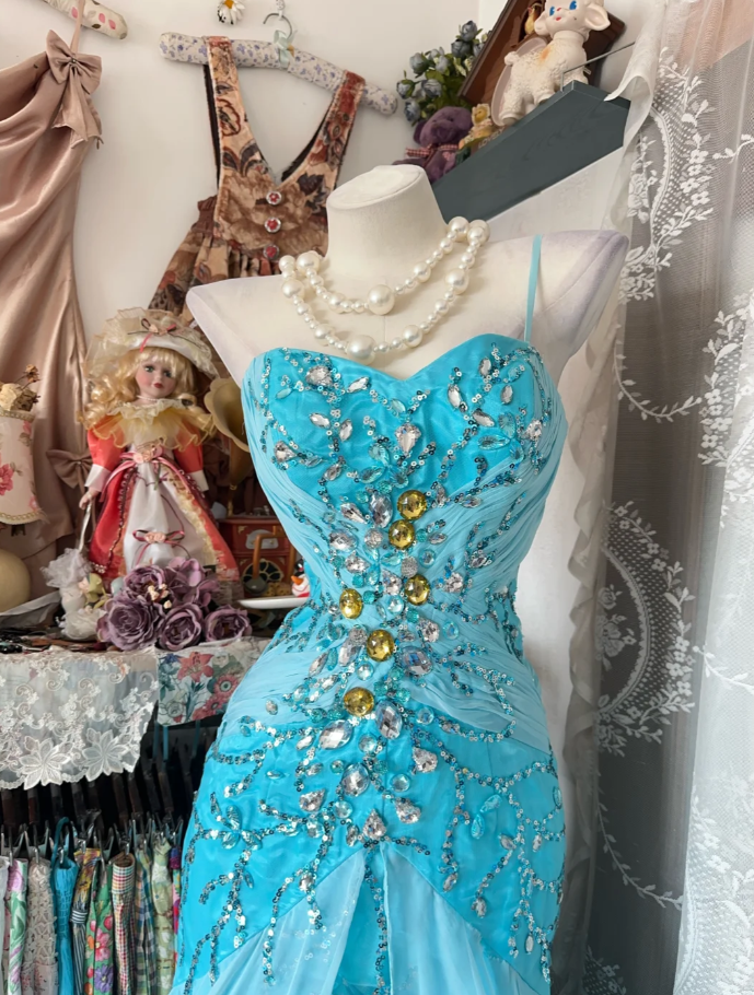 Classy Blue Chiffon Beaded Mermaid Long Party Dress Formal Birthday Prom Dress SP1711