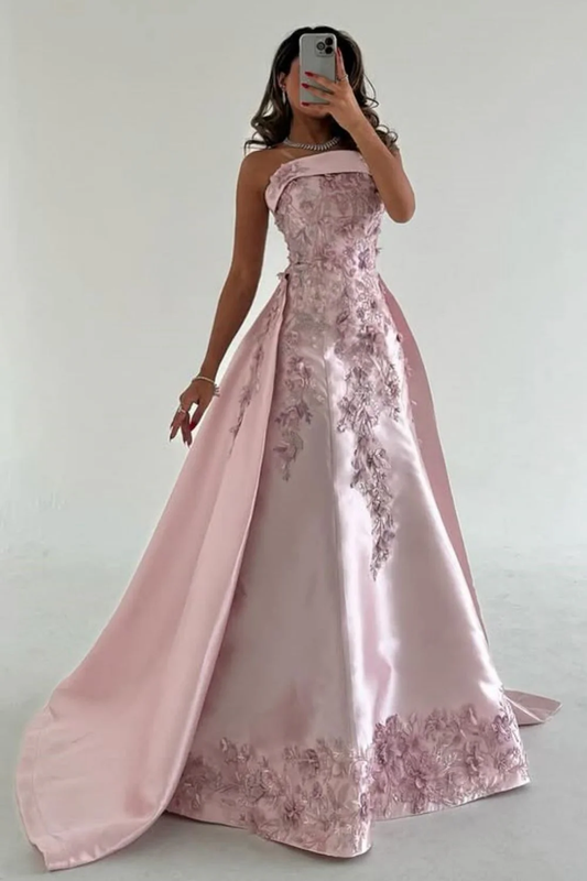 Gorgeous Pink Strapless Satin Appliques Evening Dress,Formal Prom Dress Y8427