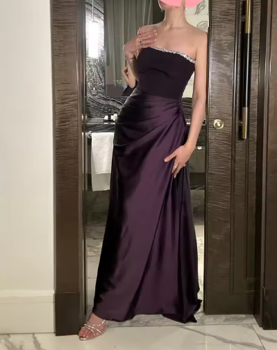 Vintage Strapless Dark Purple Satin Lace Beaded Long Evening Dress Formal Wedding Guest Dress SP471