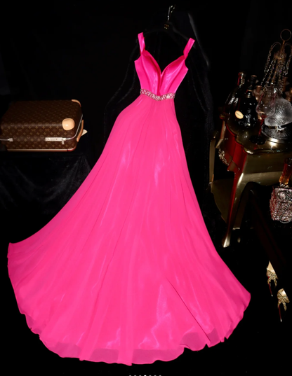 Pretty V Neck Hot Pink Chiffon Satin Beaded Mermaid Party Dress Long Wedding Guest Dress SP758