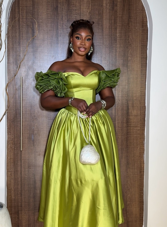 Elegant Off-Shoulder Party Dress Lemon Green Satin Wedding Guest Dress Y8692