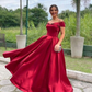 A-line Off the Shoulder Red Satin Simple Prom Dress  Y5138