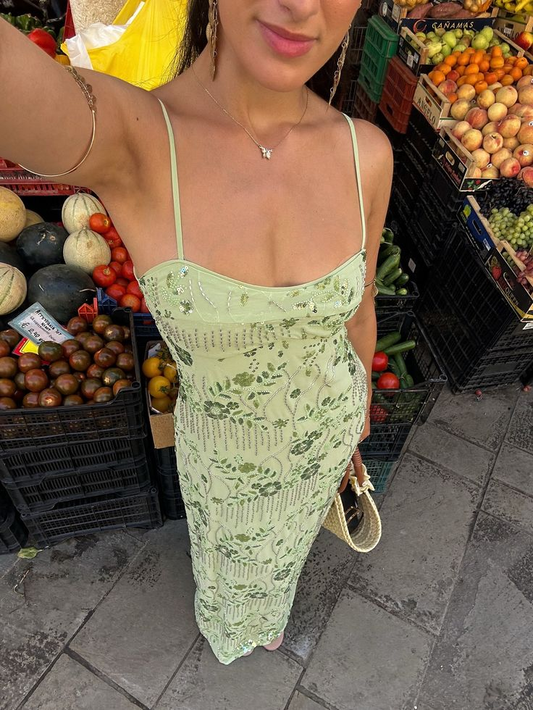 Classy Spaghetti Straps Mint Green Satin Sequin Beaded Long Evening Dress Birthday Outfits SP831