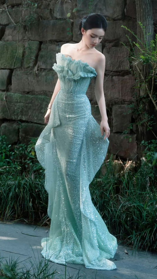 Shiny Strapless Green Sequin Beaded Ruffles Mermaid Evening Dress Long Party Gown SP1763