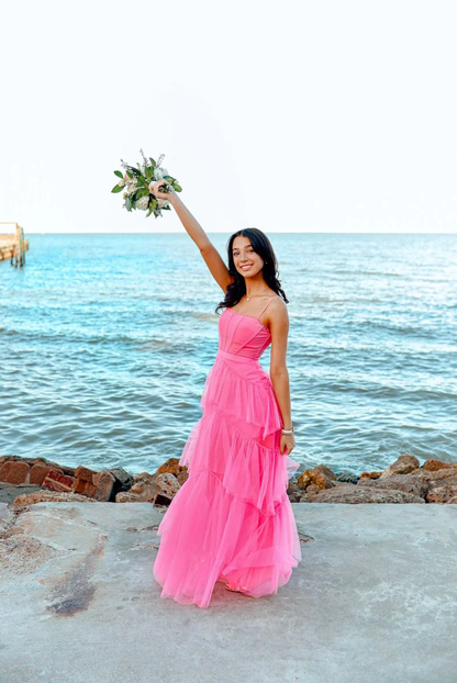 Beautiful Pink Tulle Long Formal Gown, Party Prom Dresses Y3059