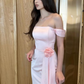 Sweet Pink Off The Shoulder Satin Long Bridesmaid Dress Birthday Outfits  SP762