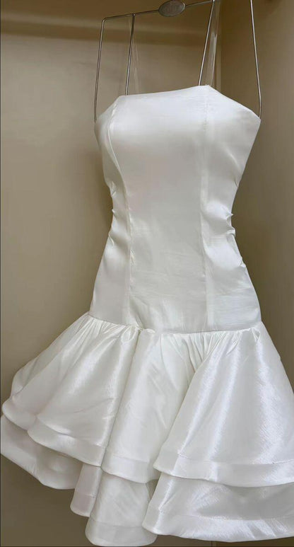 Classy Strapless White Satin A Line Mini Cocktail Dress Formal Graduation Homecoming Dress SP2402