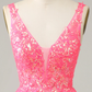 Fuchsia Sequined V Neck Backless Short Homecoming Dress  Y4093
