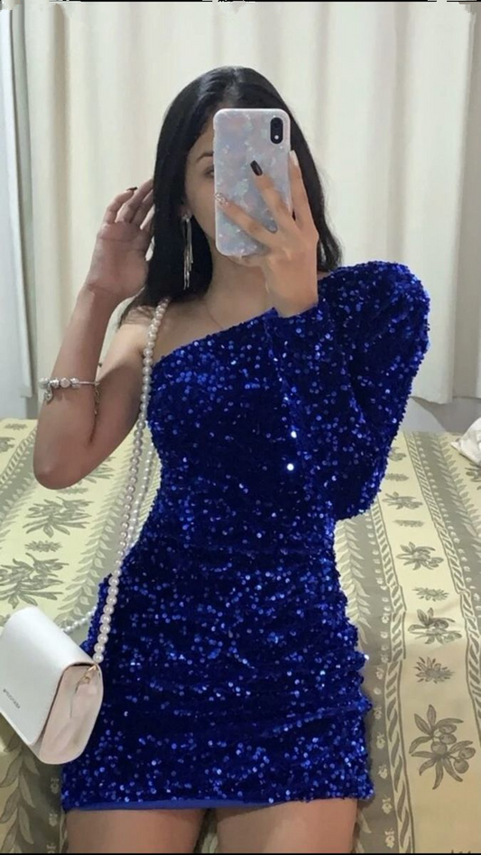 Women's Sparkling Sequin Homecoming Dress One Shoulder Long Sleeve Bodycon Mini Club Party Bodycon Dress Y4190