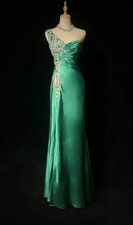 Chic One Shoulder Green Satin Beaded Appliques Long Party Gown Prom Dress SP219