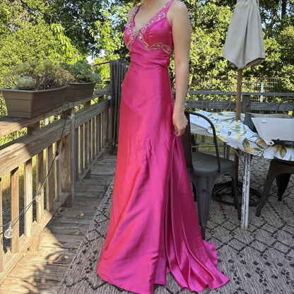 Elegant V Neck Satin Beaded Long Wedding Guest Dress Pink Long Evening Dress SP3765