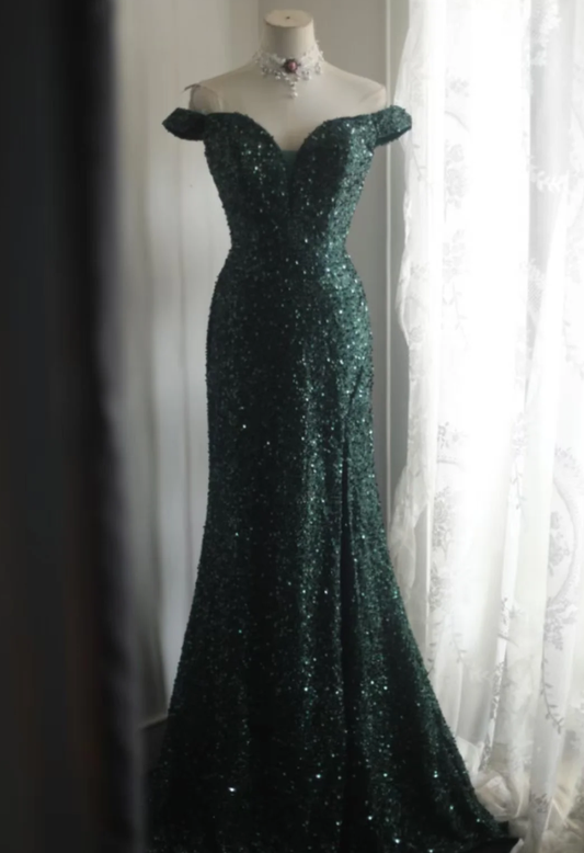 Vintage Off The Shoulder Green Sequin Slit Mermaid Wedding Guest Dress Long Party Dress SP1261