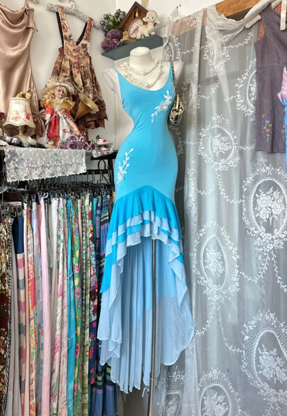 Classy Spaghetti Straps V Neck Blue Satin Chiffon Mermaid Long Prom Dress Party Gown SP1870