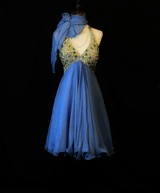 Vintage Blue Chiffon beaded Cocktail Dress Halter Short Backless Homecoming Dress Y8944