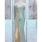 Unique Spaghetti Straps V Neck Satin A Line Prom Evening Dress Y8061
