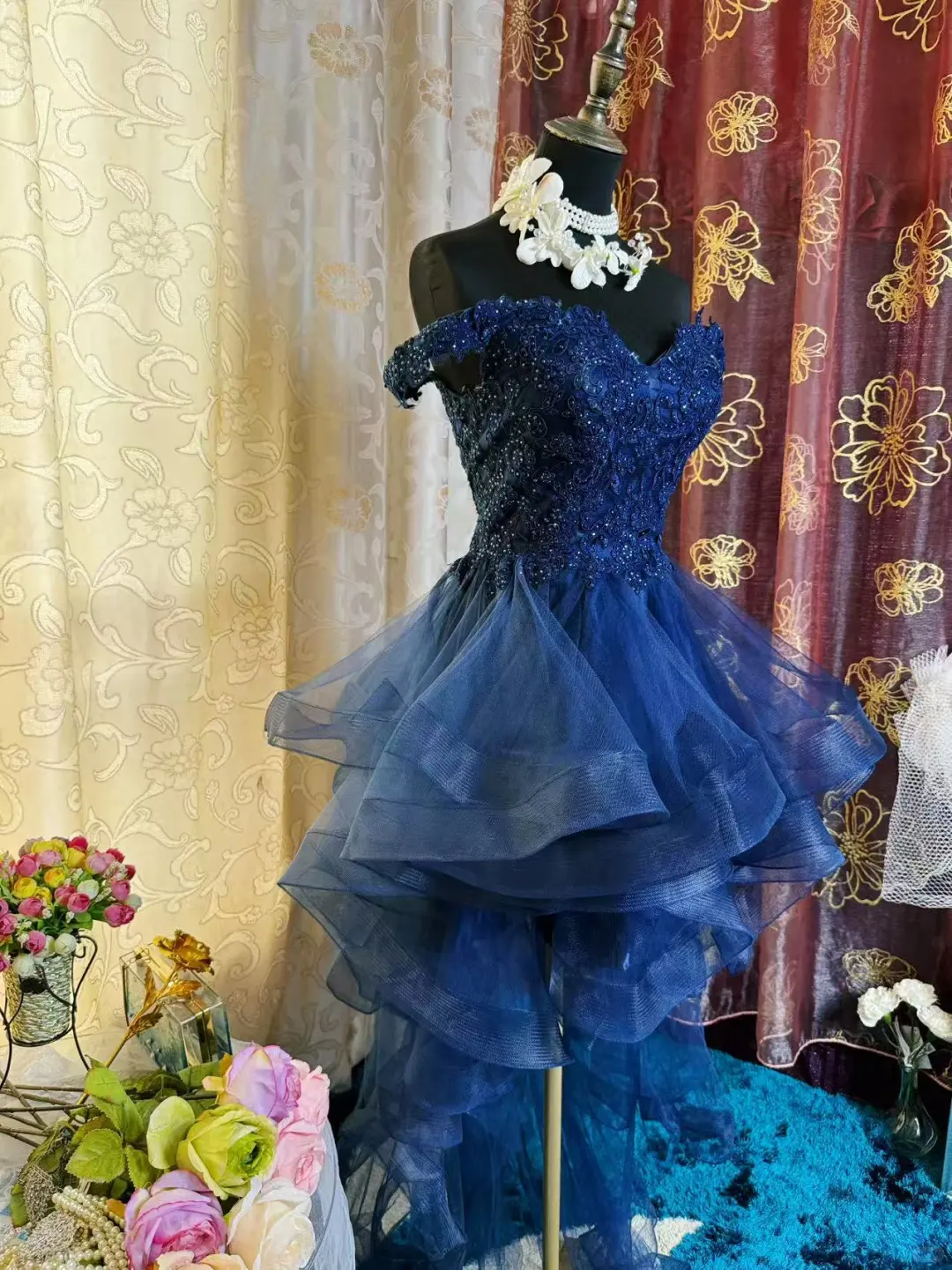 Vintage Off The Shoulder Navy Blue Tulle Appliques Short Homecoming Dress Birthday Outfits SP79