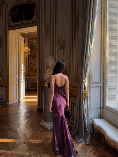 Vintage Purple Spaghetti Straps V Neck Satin Beaded Appliques Mermaid Evening Dress Long Prom Dress SP841