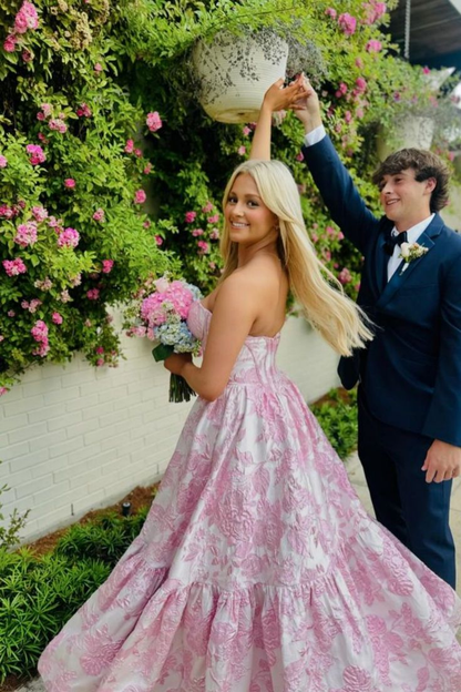 Pretty Strapless Pink Satin Print Floral A Line Long Party Dress Birthday Prom Dresses SP1079