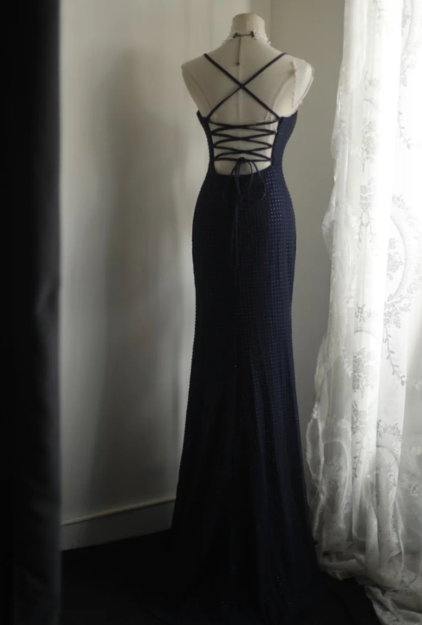 Gorgeous Spaghetti Straps Navy Blue Satin Beaded Mermaid Long Party Dress Formal Wedding Guest Dress SP1258