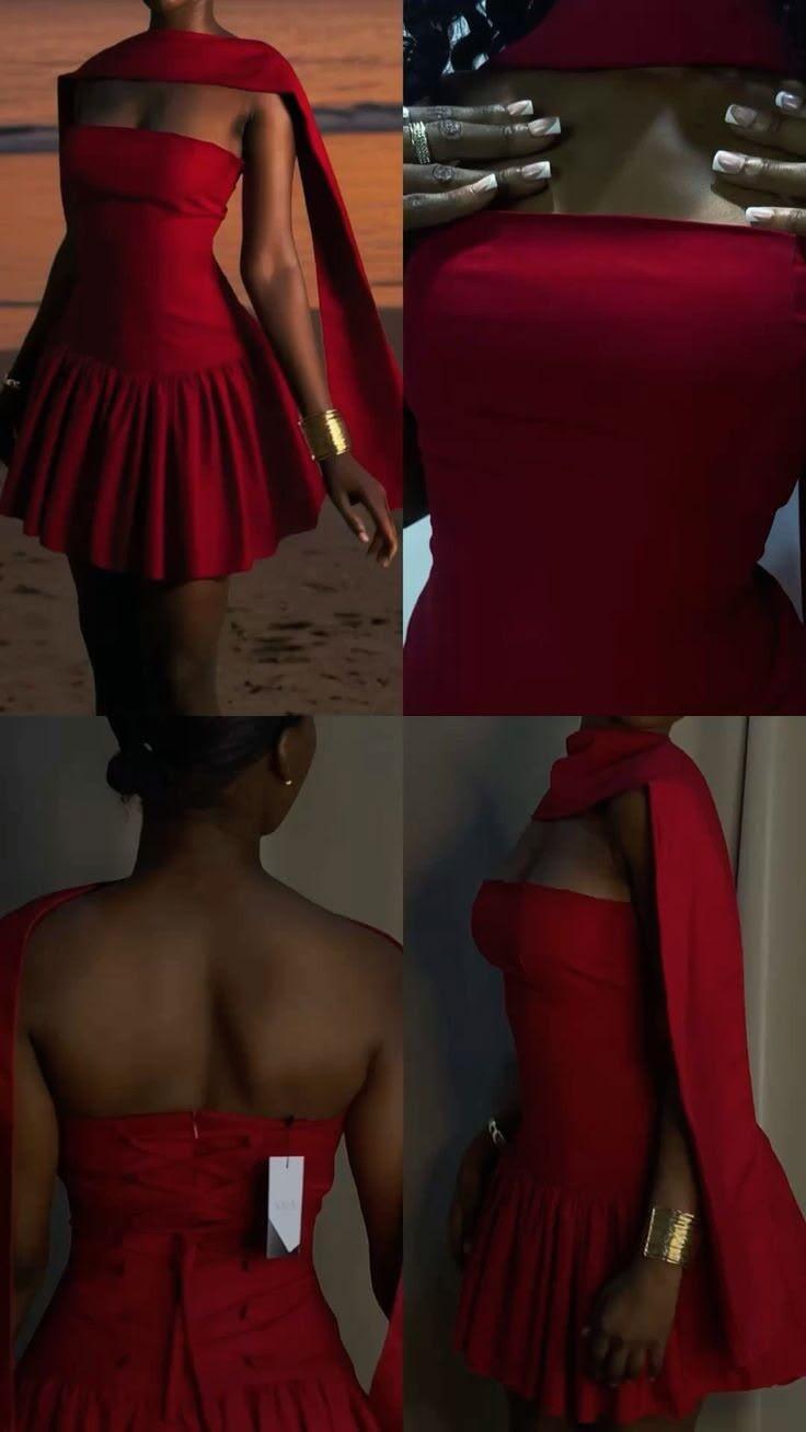 Fashion Red Satin A Line Short Graduation Homecoming Dress Strapless Mini Cocktail Dress SP2348