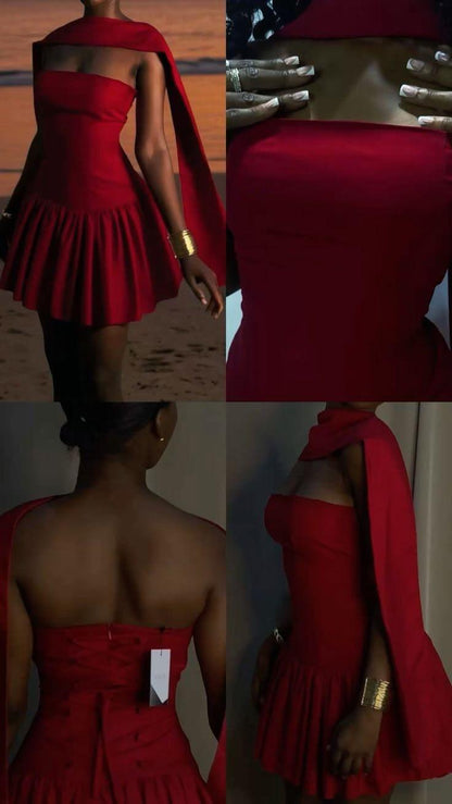 Fashion Red Satin A Line Short Graduation Homecoming Dress Strapless Mini Cocktail Dress SP2348