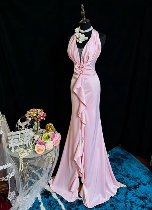 Pretty Pink Halter Satin Ruffles Mermaid Long Evening Dress Prom Gown SP2374