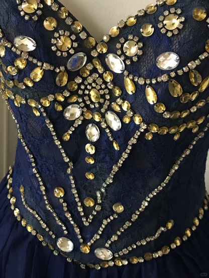 Vintage Spaghetti Straps Lace Beaded Cocktail Dress Navy Blue Homecoming Dress Birthday Outfits Y9056