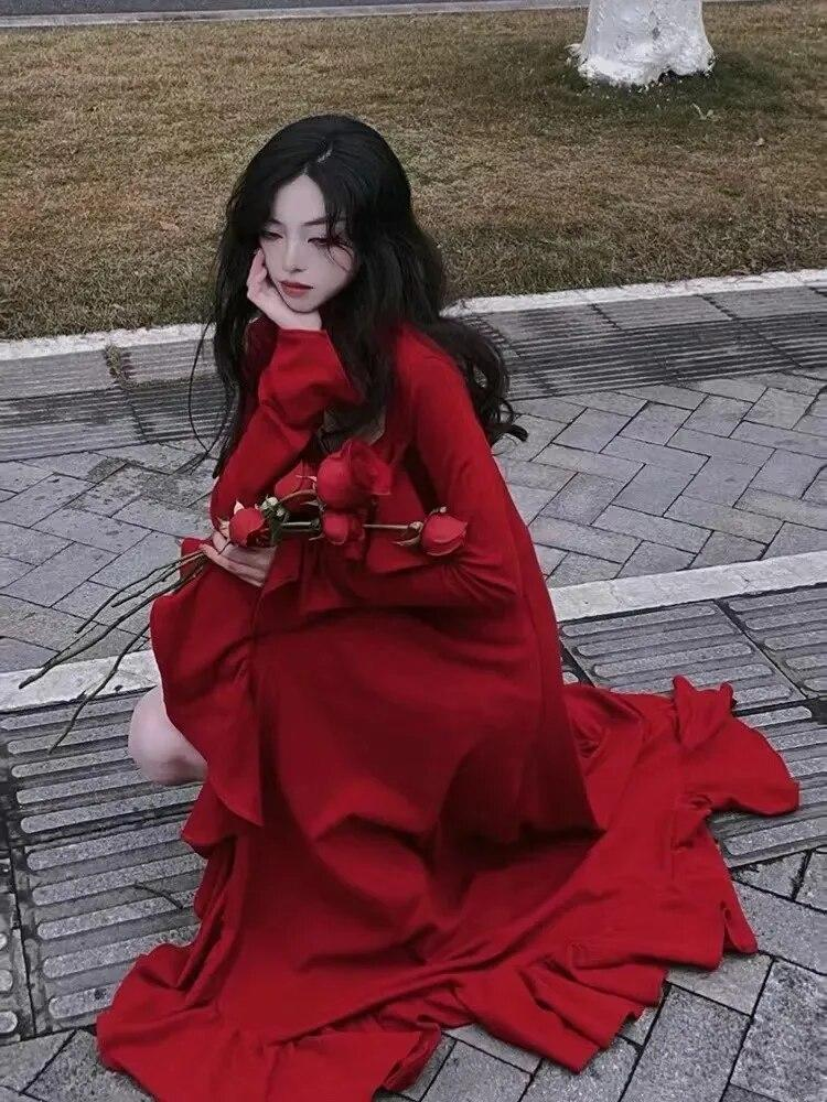 Women Autumn Long Sleeve Midi Dress Elegant Ruffles Red Square Neck Ir Simplepromdress Women Autumn Long Sleeve Midi Dress Elegant Ruffles Red Square Neck Ir Simplepromdress