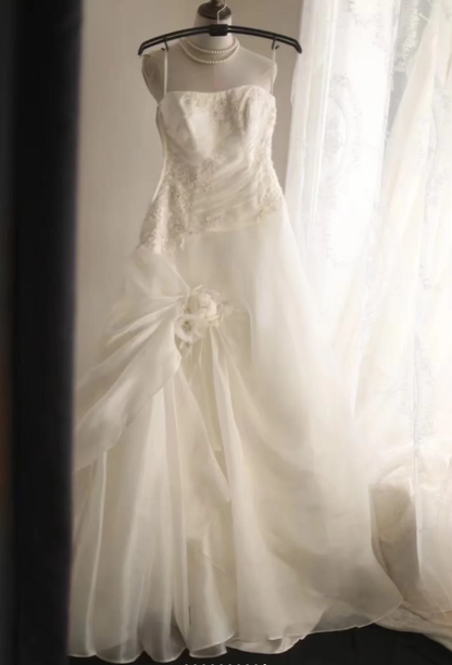 Classy Strapless Chiffon Appliques Mermaid White Long Wedding Dress SP1167