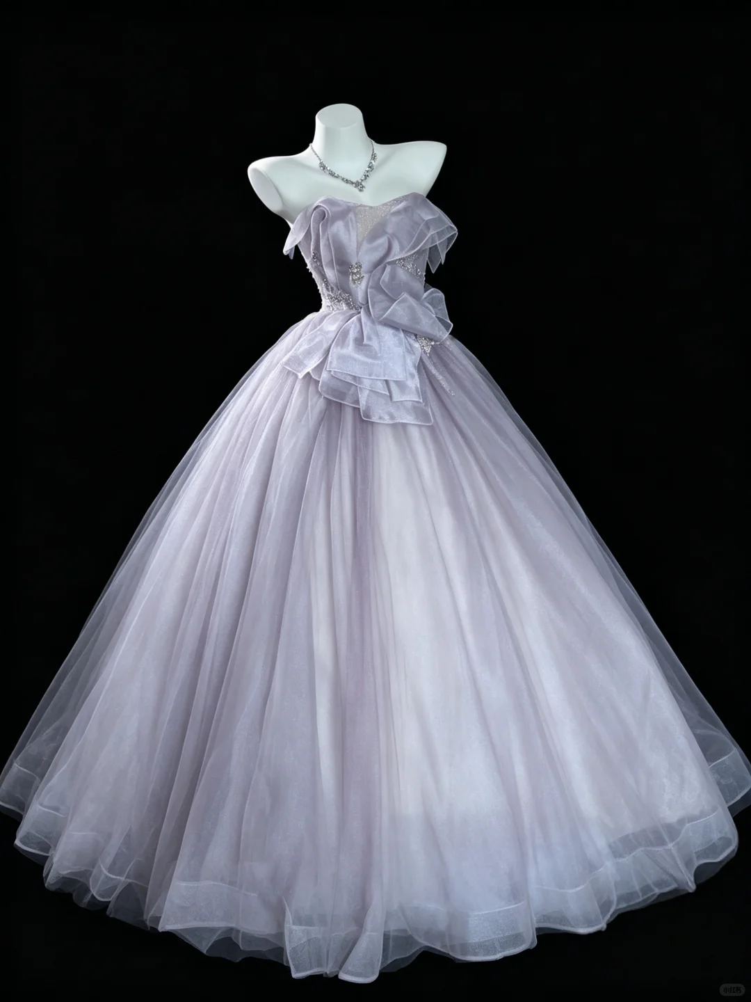 Lavender Strapless Ruffle Bow Tulle Ball Gown Rhinestone Beaded Long Quinceanera Dress SP2728