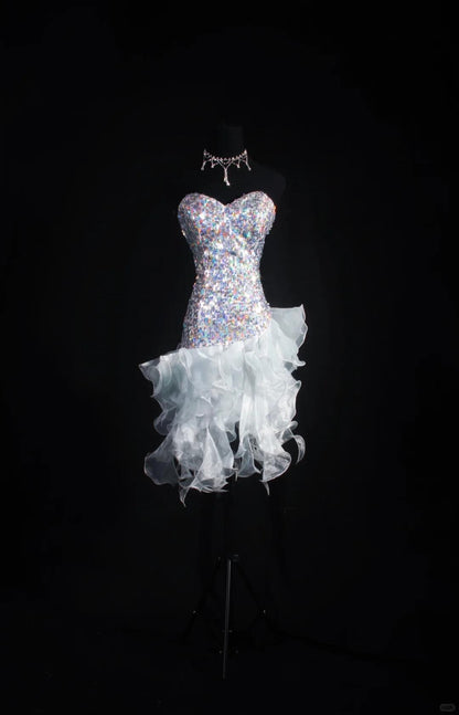 Glitter White Satin Tulle Ruffle Sequin Beaded Mini Birthday Outfits,Sweetheart Neck Sheath Short Cocktail Dress SP2835