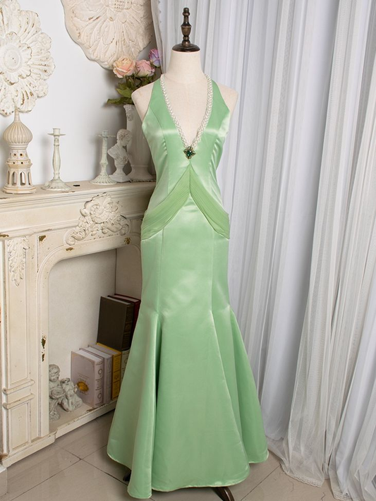 Light Green Cutout Back V-Neck Vintage Mermaid Beads Evening Dress Prom Dress Y8776