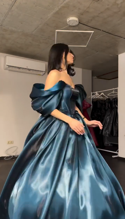 Elegant Off The Shoulder Ball Gown Blue Satin Long Party Dress Birthday Dress SP2144