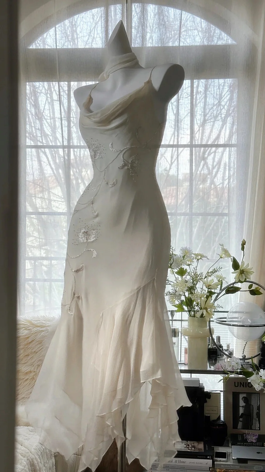 Vintage Ivory Chiffon Beaded Evening Dresses, Elegant Mermaid Party Gowns Y8698