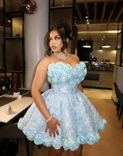 Elegant Strapless 3D Floral Satin Print Floral A Line Short Homecoming Dress,Blue Mini 16th Birthday Outfits SP3263