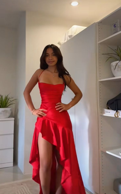 Sexy Spaghetti Straps Red Satin Ruffles Long Wedding Guest Dress Evening Gown SP1072