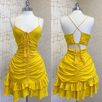 Yellow A-line Homecoming Dress with Pleated Y2593