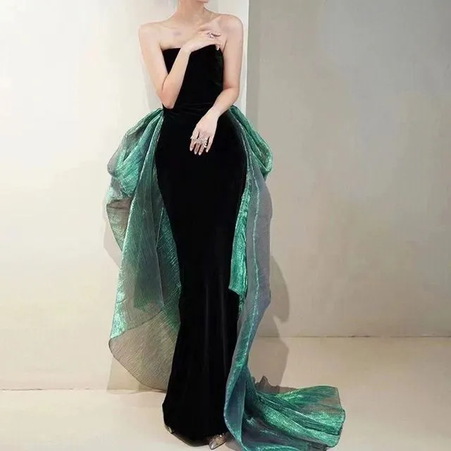 Sexy Mermaid Long Black Velvet Prom Dresses Long Prom Gown With Gloves Y7286
