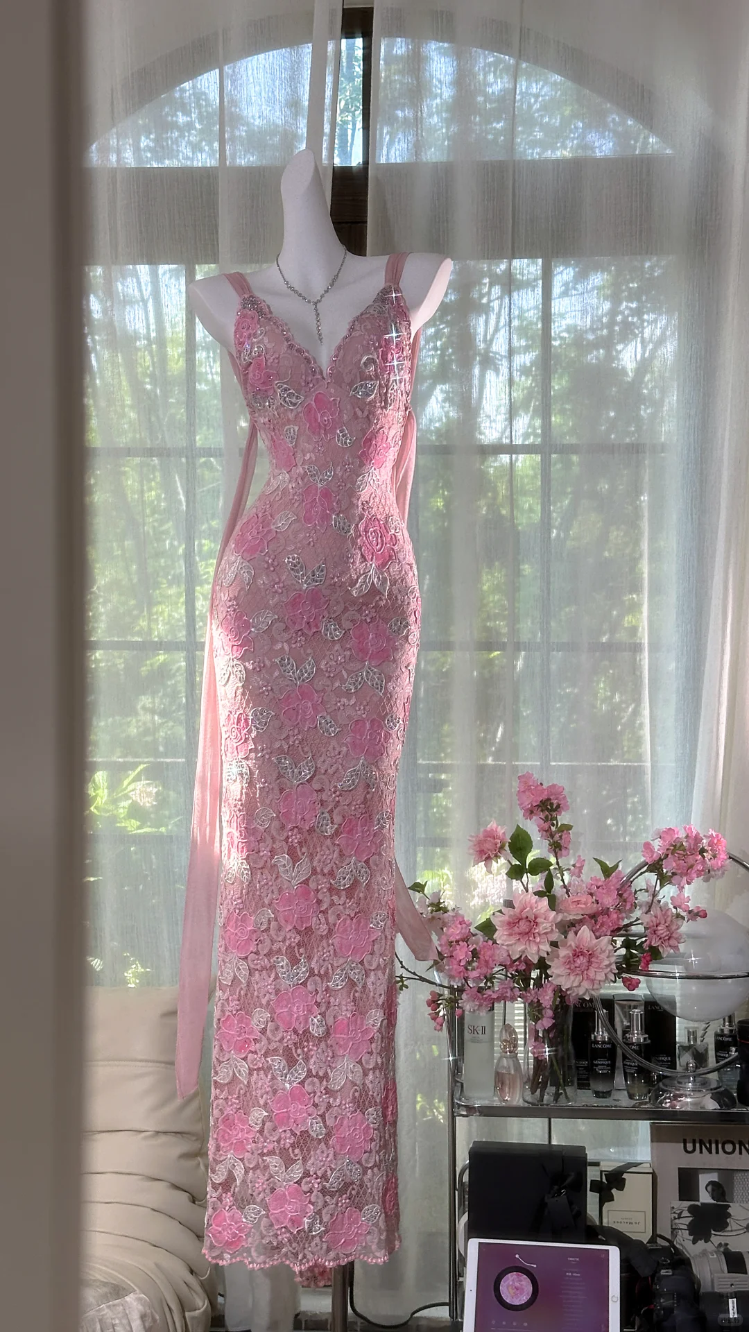 Pretty Pink V Neck Lace Floral Sheath Long Evening Dress Backless Long Birthday Party Gown SP665